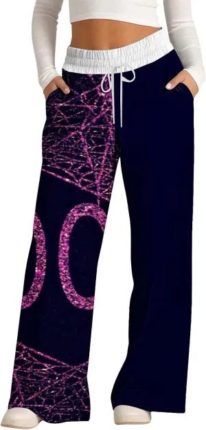 Halloween Sweatpant Women Lacing Solid Color Waist Waist Wide Leg Casual Pants Elastic High Waisted Long Pants