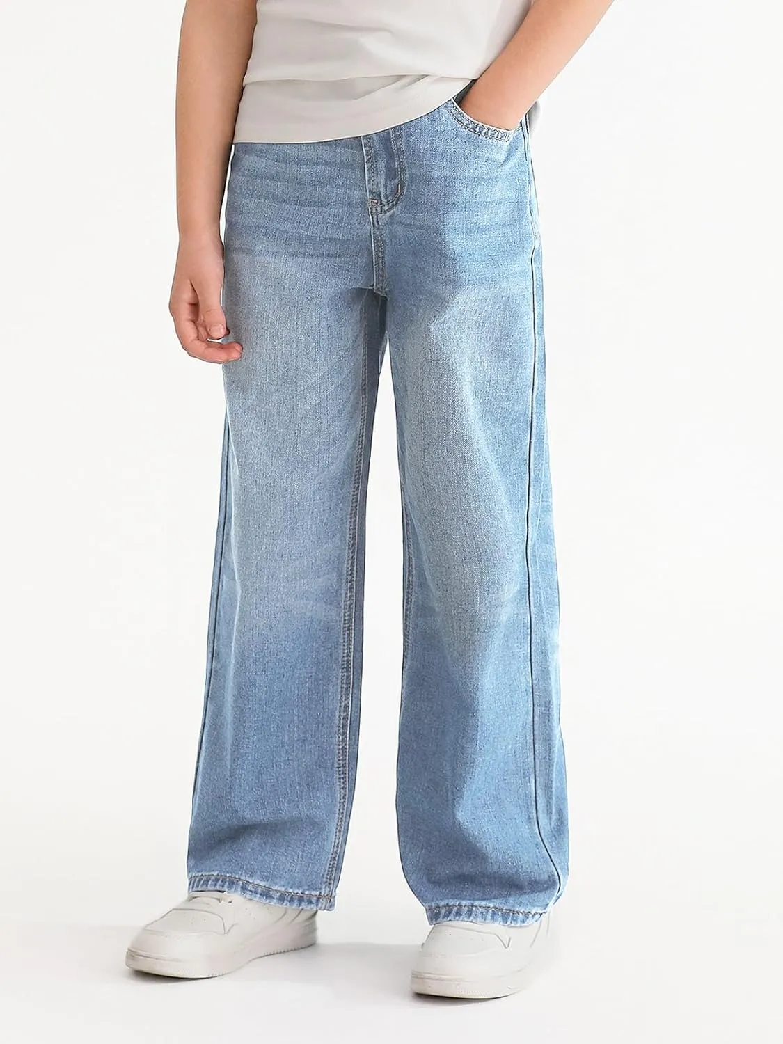 Haloumoning Boys Casual Baggy Denim Pants Kids Elastic Waist Wide Leg Jeans with Pockets 5-14 Years