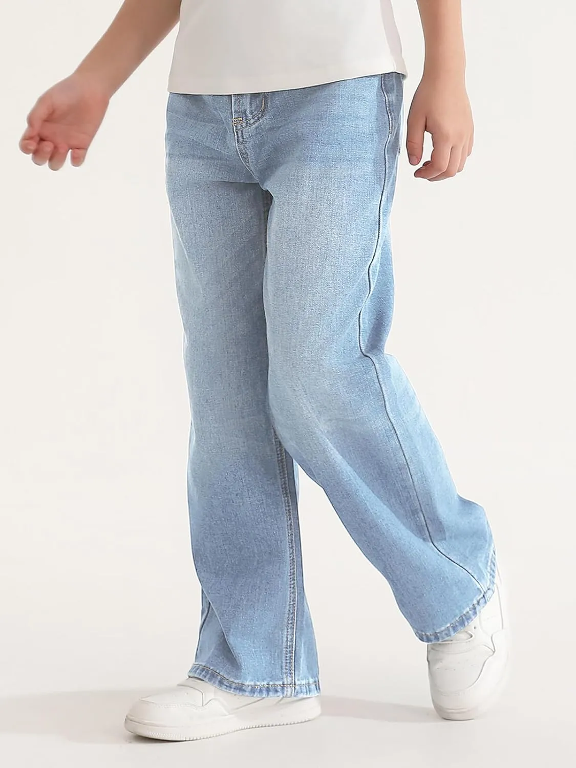 Haloumoning Boys Casual Baggy Denim Pants Kids Elastic Waist Wide Leg Jeans with Pockets 5-14 Years