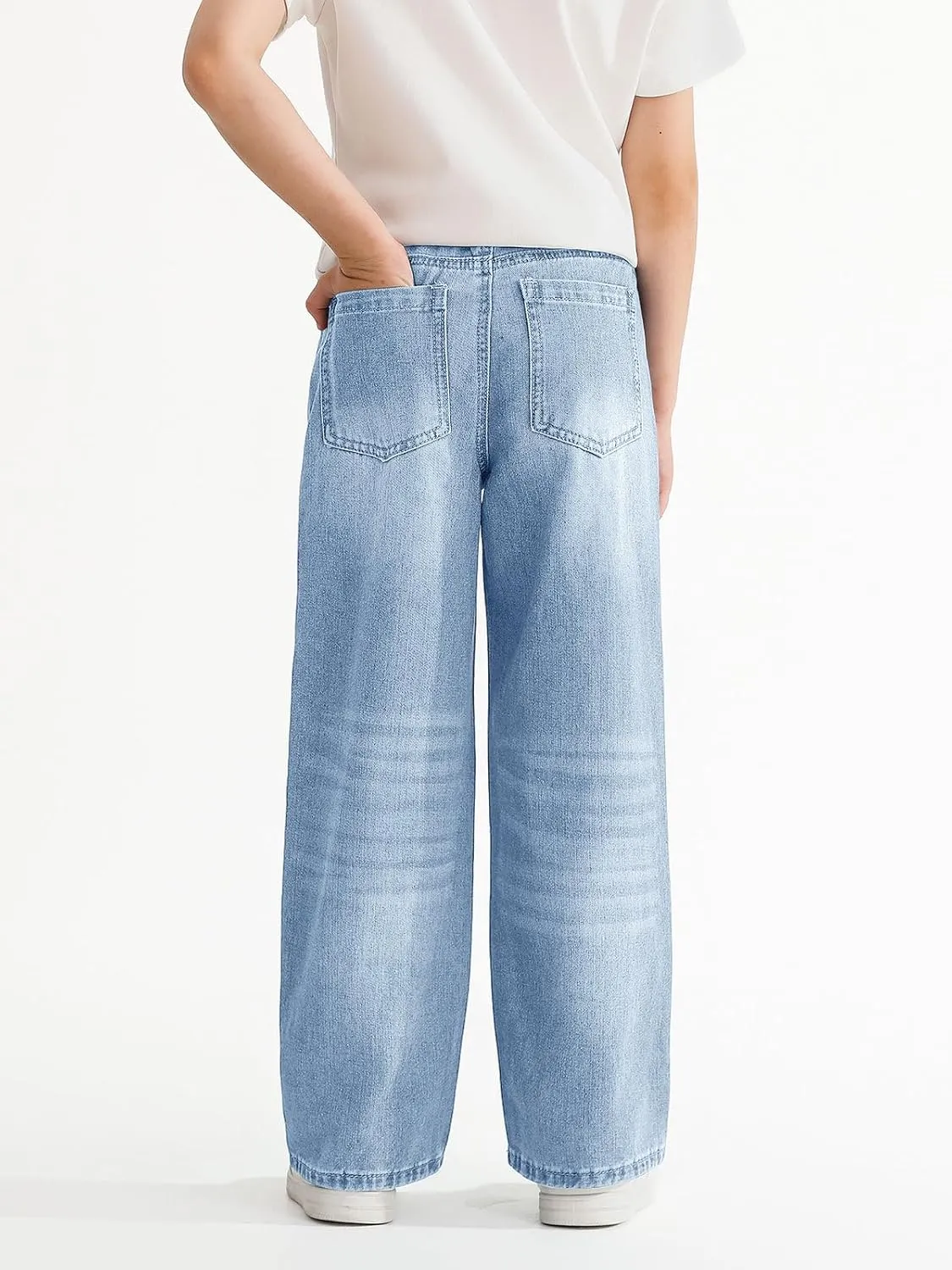 Haloumoning Boys Casual Baggy Denim Pants Kids Elastic Waist Wide Leg Jeans with Pockets 5-14 Years