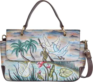 Hand-Painted Ladies' Satchel Bag – Elegant Flap Opening with Exquisite Swan & Turtle Artwork, Nature-Inspired Design, Stylish & Spacious Women's Handbag. 9" x 14.5" x 4.3"
