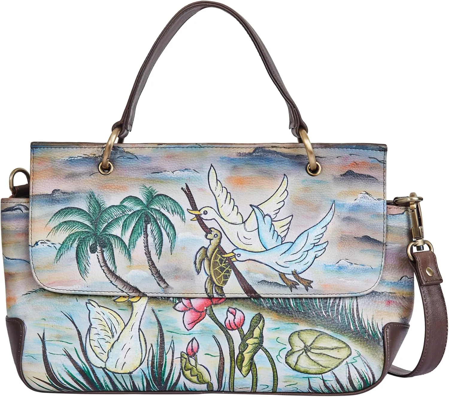 Hand-Painted Ladies' Satchel Bag – Elegant Flap Opening with Exquisite Swan & Turtle Artwork, Nature-Inspired Design, Stylish & Spacious Women's Handbag. 9" x 14.5" x 4.3"