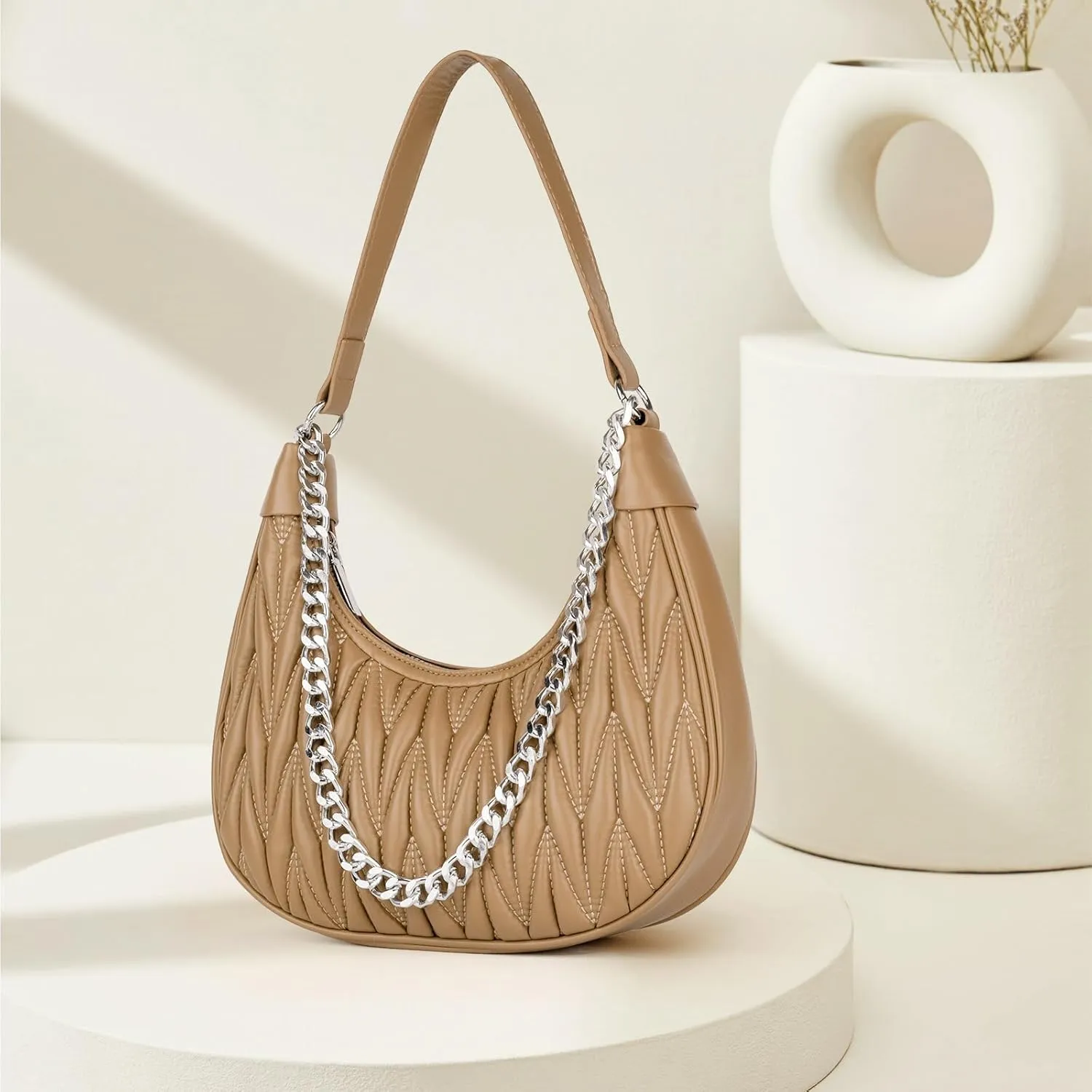 Handbag with Metal Chain Vegan Leather Shoulder Crossbody Stylish Purse for Women - Unique Textured Design
