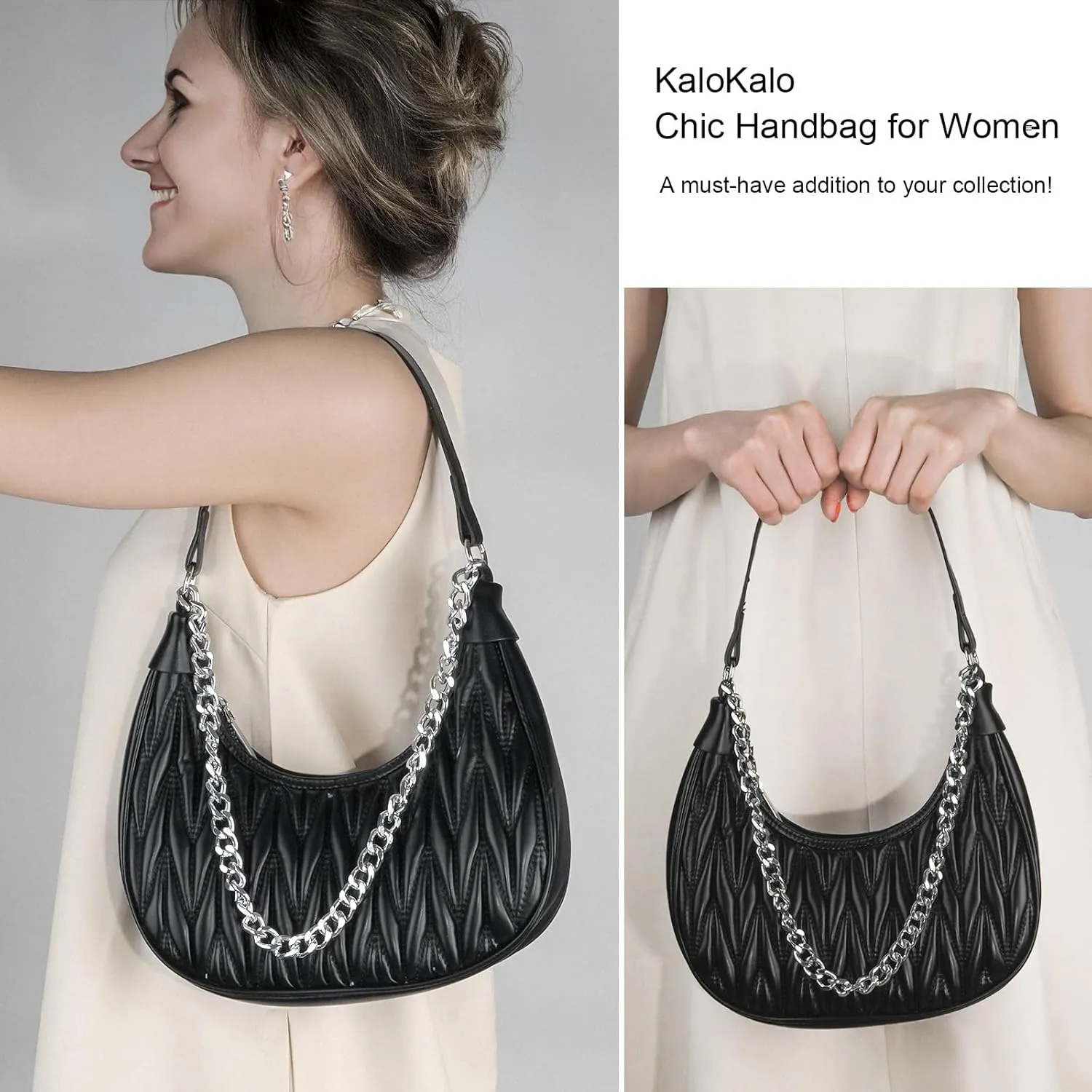 Handbag with Metal Chain Vegan Leather Shoulder Crossbody Stylish Purse for Women - Unique Textured Design
