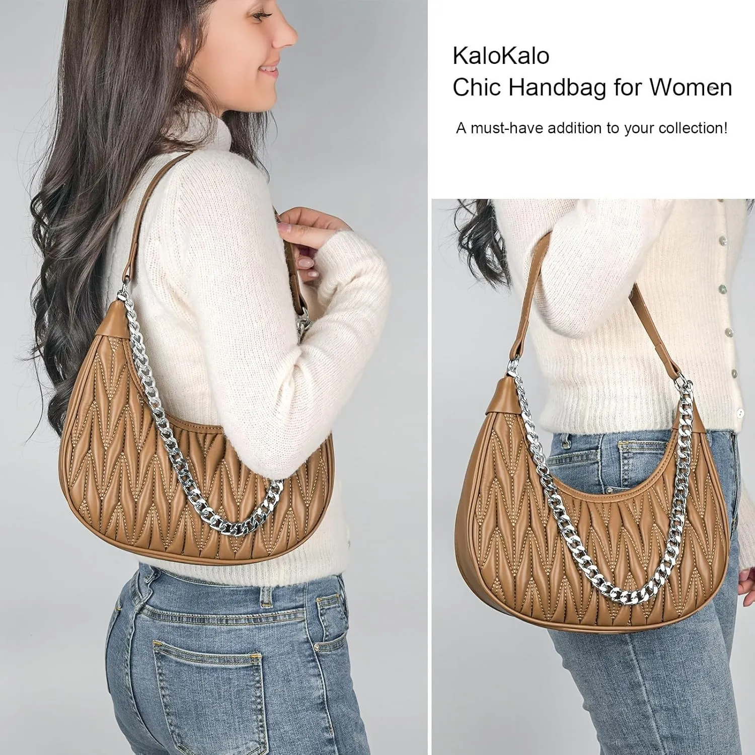Handbag with Metal Chain Vegan Leather Shoulder Crossbody Stylish Purse for Women - Unique Textured Design
