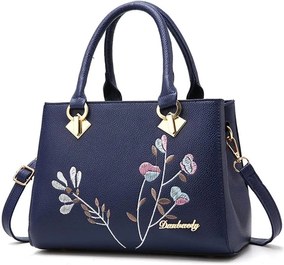 Handbags for Women Top Handle Purse Faux Leather Satchel Bag Floral Embroidery Purses Medium Tote Bags Shoulder Bag, Blue