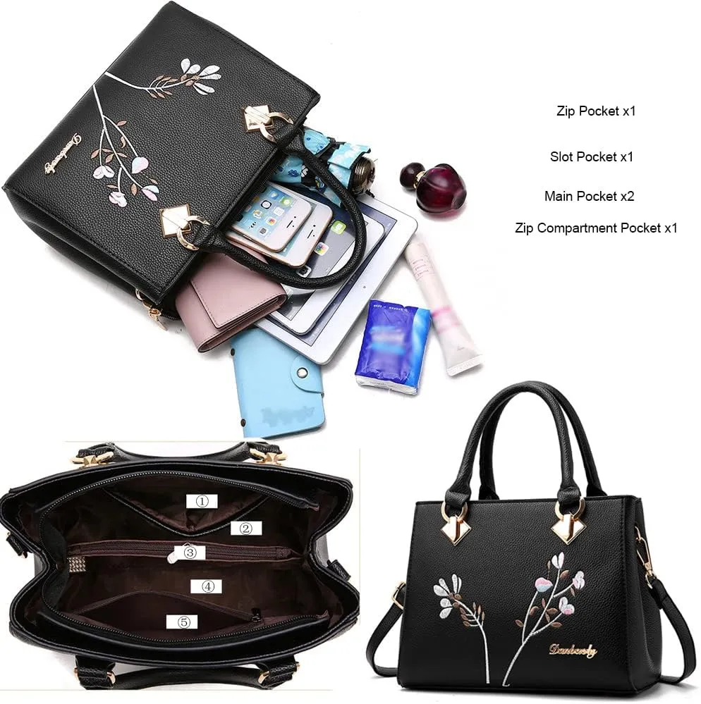 Handbags for Women Top Handle Purse Faux Leather Satchel Bag Floral Embroidery Purses Medium Tote Bags Shoulder Bag, Blue