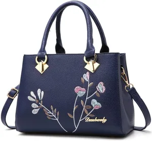 Handbags for Women Top Handle Purse Faux Leather Satchel Bag Floral Embroidery Purses Medium Tote Bags Shoulder Bag, Blue