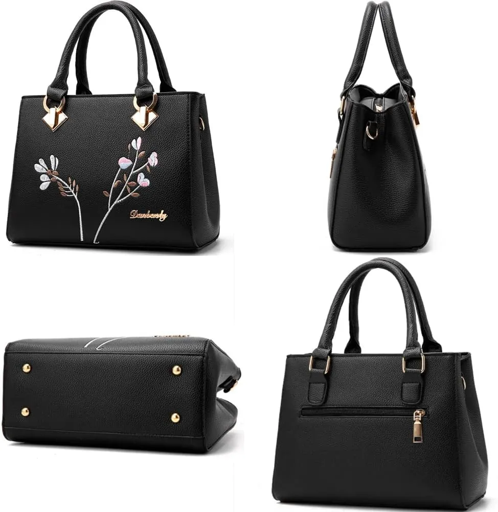 Handbags for Women Top Handle Purse Faux Leather Satchel Bag Floral Embroidery Purses Medium Tote Bags Shoulder Bag, Blue