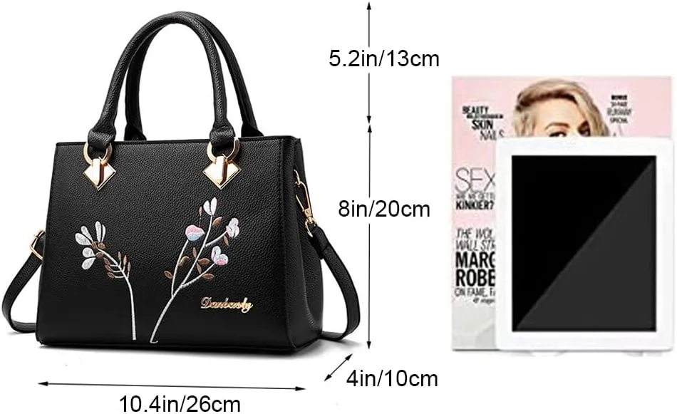 Handbags for Women Top Handle Purse Faux Leather Satchel Bag Floral Embroidery Purses Medium Tote Bags Shoulder Bag, Blue