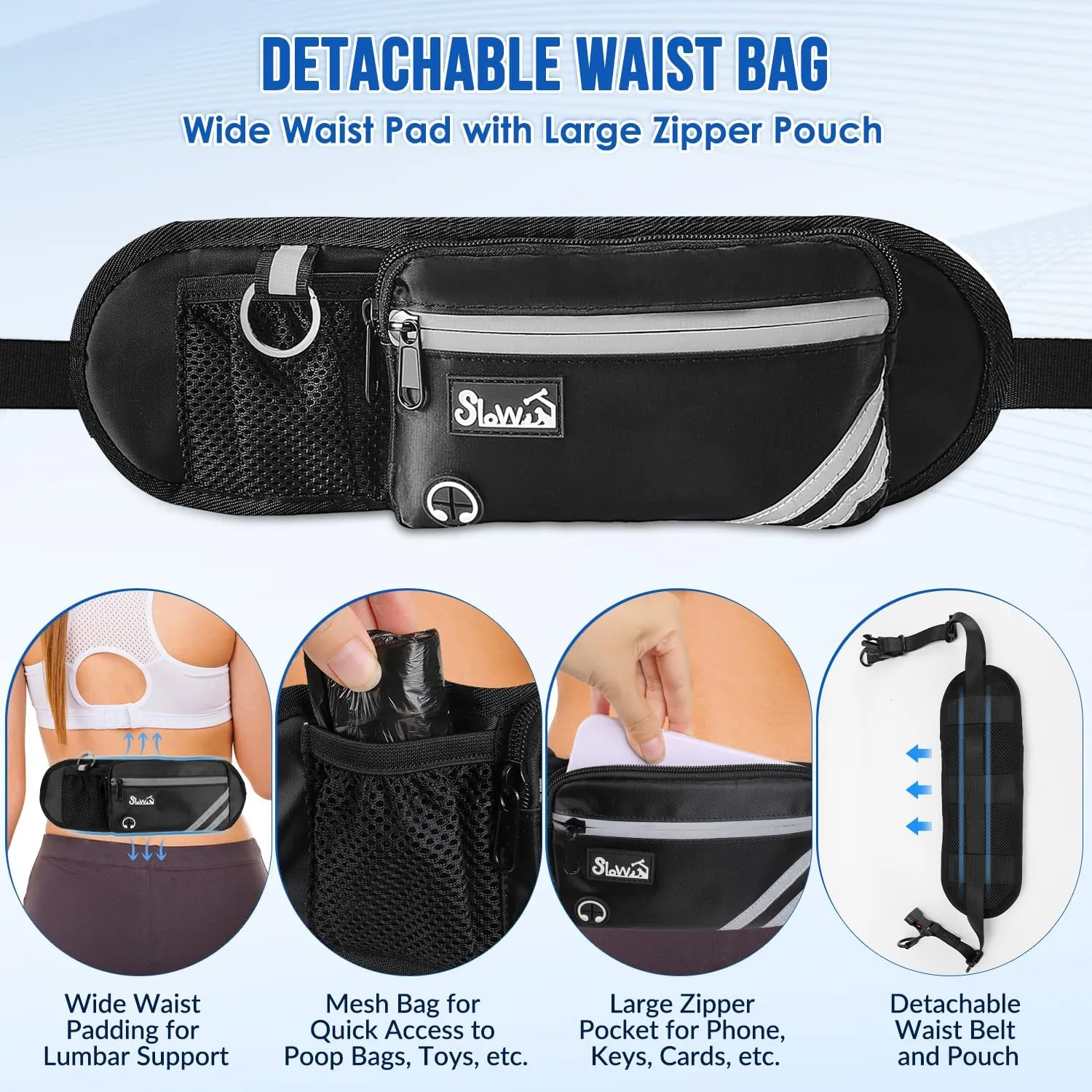 Hands-Free-Dog-Leash- Padded Adjustable Waist Walking Leash with Removable Zipper Pouch, Crossbody Shock Absorbing Bungee Leash Dual Handle and Reflective Stitches for Dogs Running Jogging