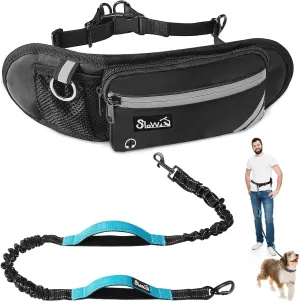 Hands-Free-Dog-Leash- Padded Adjustable Waist Walking Leash with Removable Zipper Pouch, Crossbody Shock Absorbing Bungee Leash Dual Handle and Reflective Stitches for Dogs Running Jogging