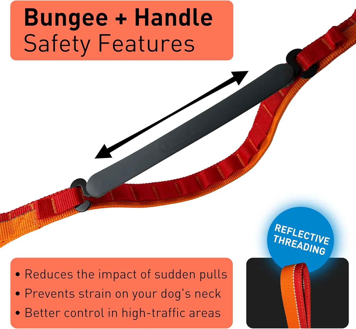 Hands Free Dog Leash - Waist or Shoulder Leash for Walking and Hiking with Medium and Large Dogs, Adjustable 4 to 6 FT Outdoor Bungee Lead with Traffic Handle by Nuvuq (18-120 lbs, Orange)