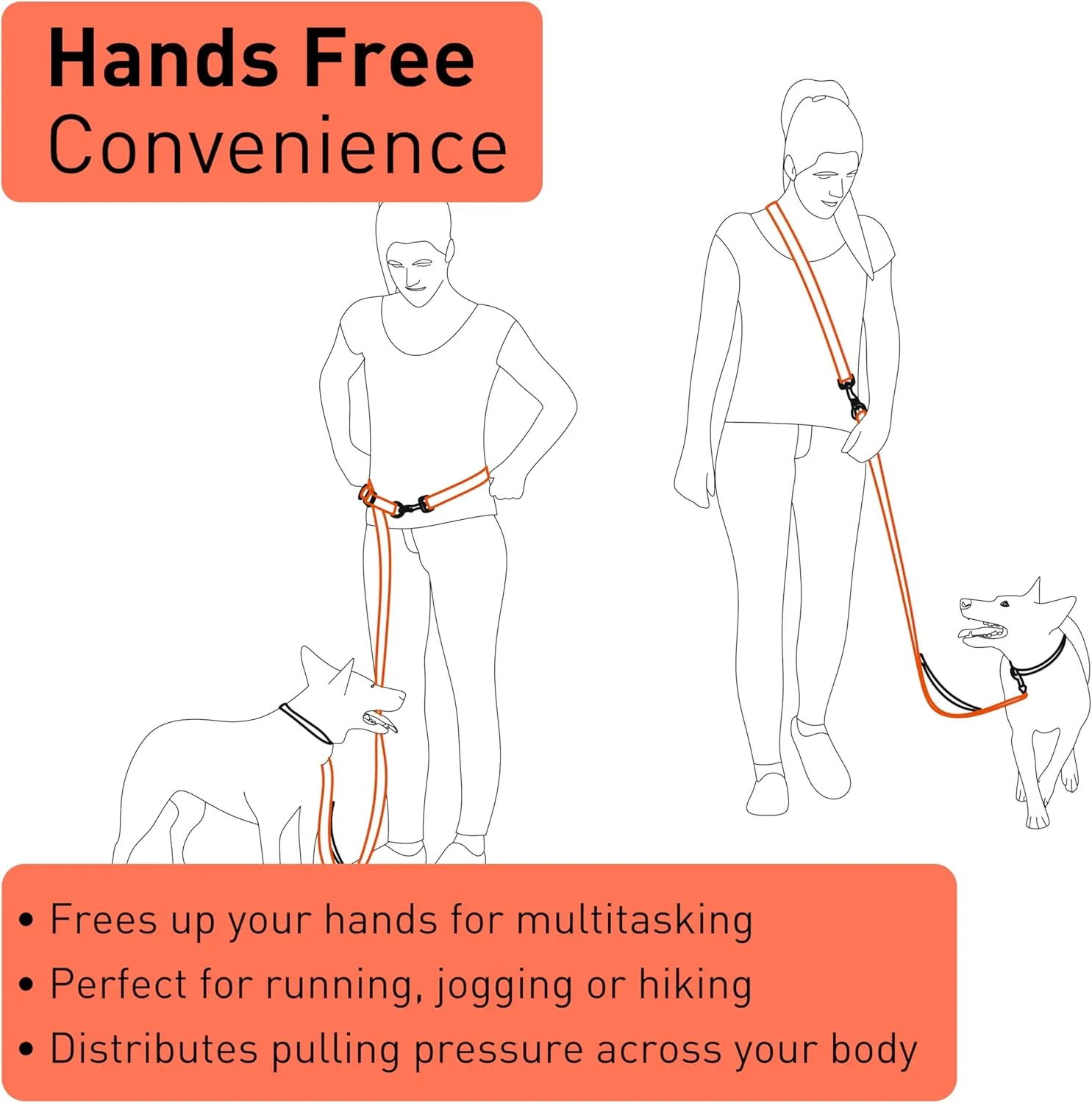 Hands Free Dog Leash - Waist or Shoulder Leash for Walking and Hiking with Medium and Large Dogs, Adjustable 4 to 6 FT Outdoor Bungee Lead with Traffic Handle by Nuvuq (18-120 lbs, Orange)