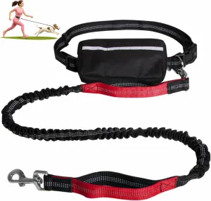 Hands-Free Dog Leash with Adjustable Waist Belt, Movable & Fixable Waist Bag, Large Zipper Pouch, Dual Handle Elastic Leash, Reflective Waist Bag – Ideal for Running, Walking, Hiking, Red