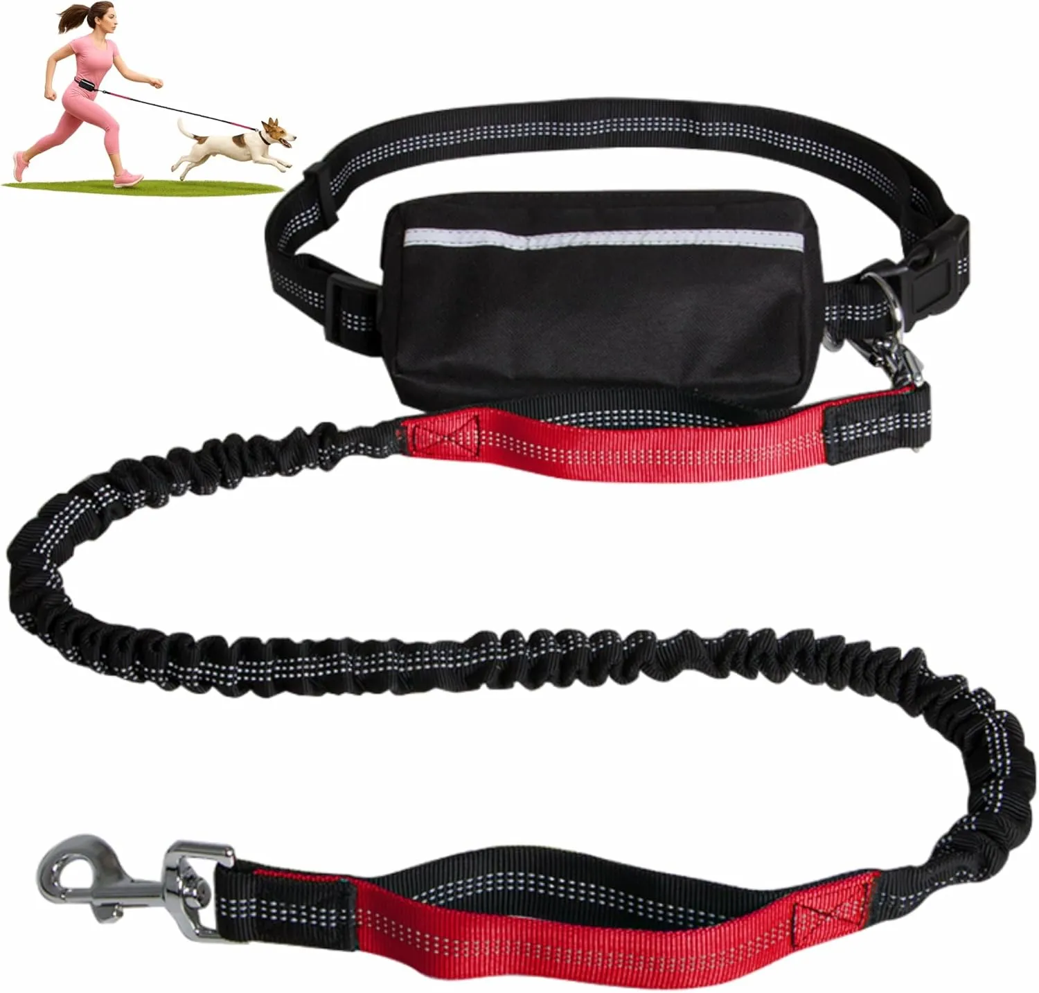 Hands-Free Dog Leash with Adjustable Waist Belt, Movable & Fixable Waist Bag, Large Zipper Pouch, Dual Handle Elastic Leash, Reflective Waist Bag – Ideal for Running, Walking, Hiking, Red