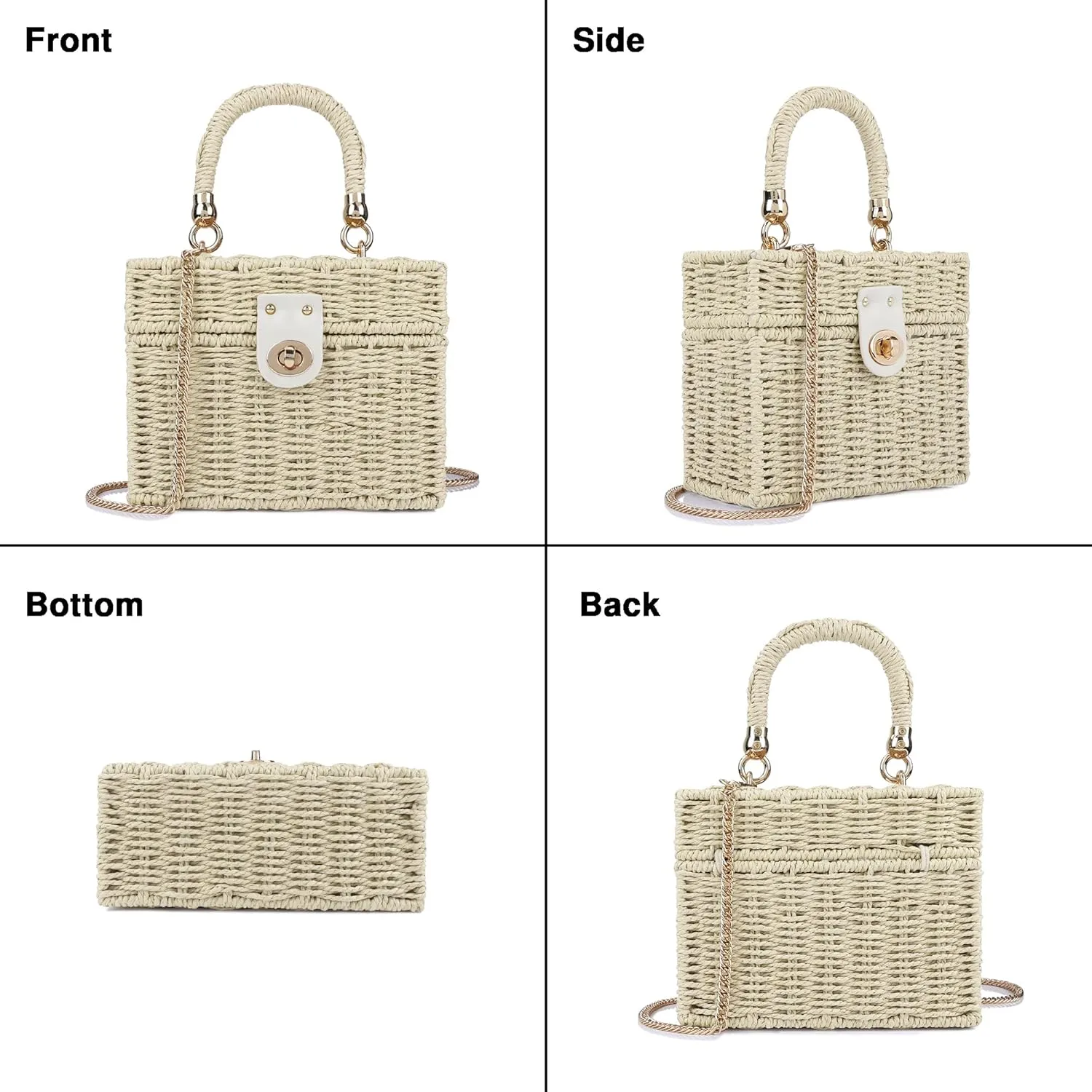 Handwoven Rattan Bag for Women Wicker Crossbody Shoulder Bag Straw Beach Tote Bag Top Handle Satchel Handbag with Chain Strap