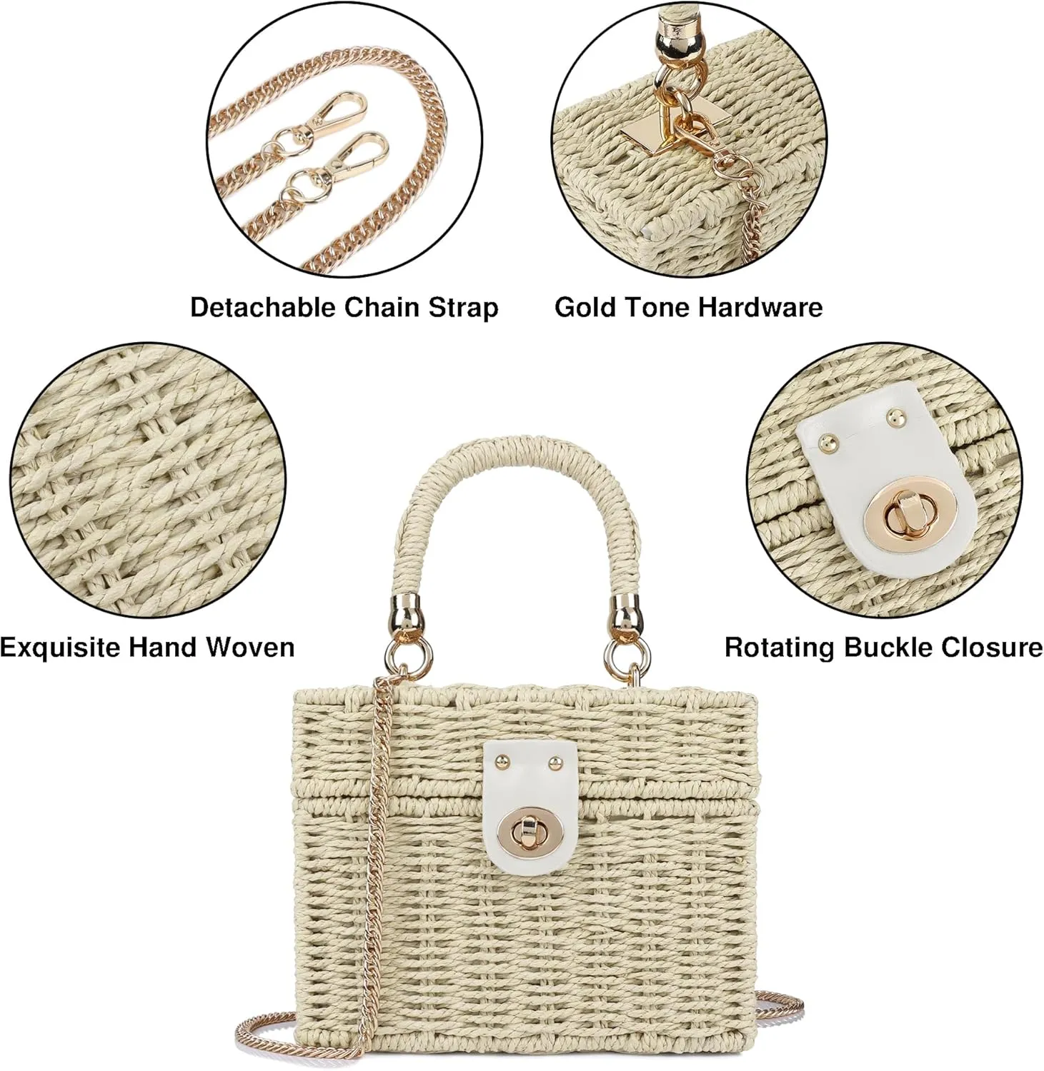 Handwoven Rattan Bag for Women Wicker Crossbody Shoulder Bag Straw Beach Tote Bag Top Handle Satchel Handbag with Chain Strap