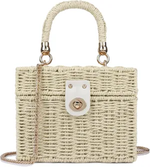 Handwoven Rattan Bag for Women Wicker Crossbody Shoulder Bag Straw Beach Tote Bag Top Handle Satchel Handbag with Chain Strap