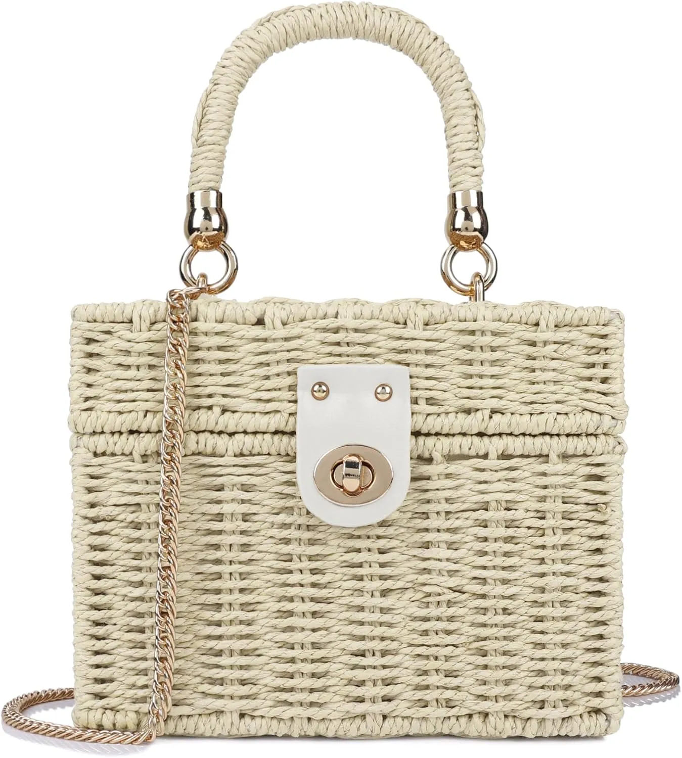 Handwoven Rattan Bag for Women Wicker Crossbody Shoulder Bag Straw Beach Tote Bag Top Handle Satchel Handbag with Chain Strap