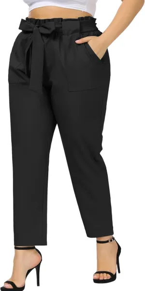 Hanna Nikole Women's Casual Pencil Trousers Waist Self-Tie Belted Pants with Pockets