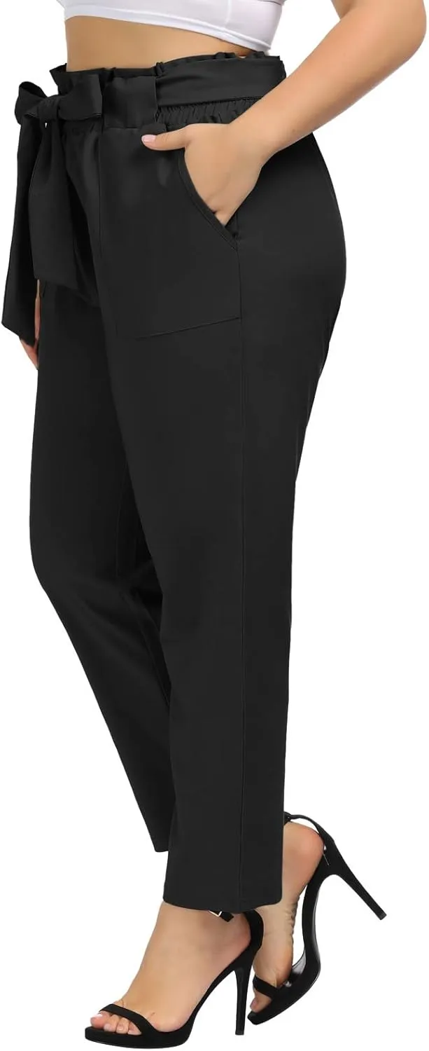 Hanna Nikole Women's Casual Pencil Trousers Waist Self-Tie Belted Pants with Pockets