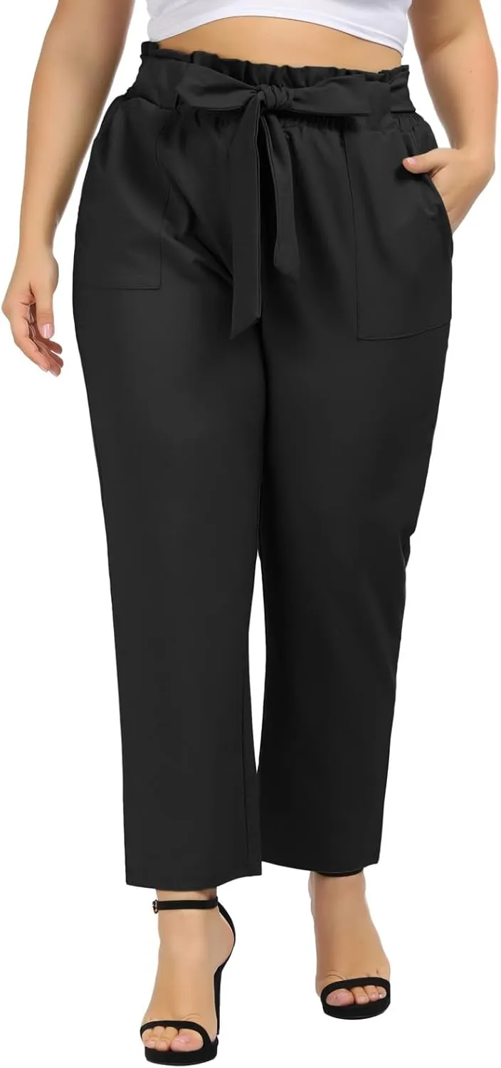 Hanna Nikole Women's Casual Pencil Trousers Waist Self-Tie Belted Pants with Pockets