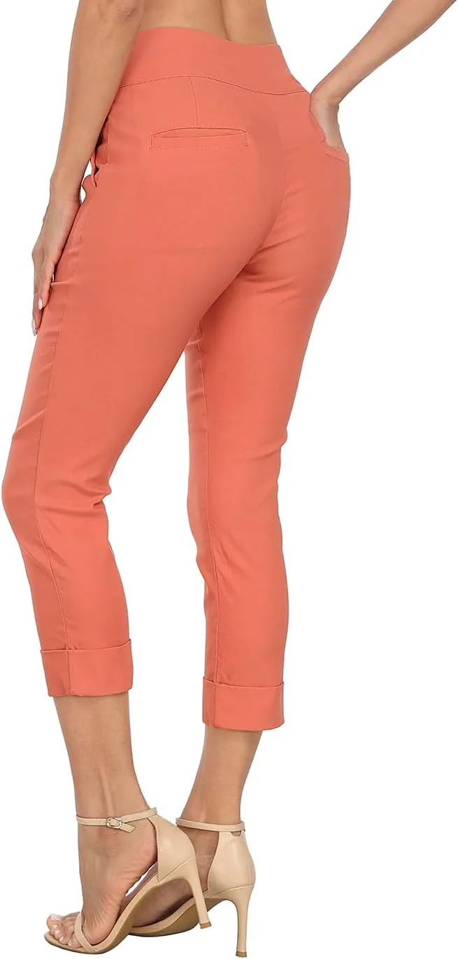 HDE Pull On Capri Pants for Women with Pockets Elastic Waist Cropped Work Pants
