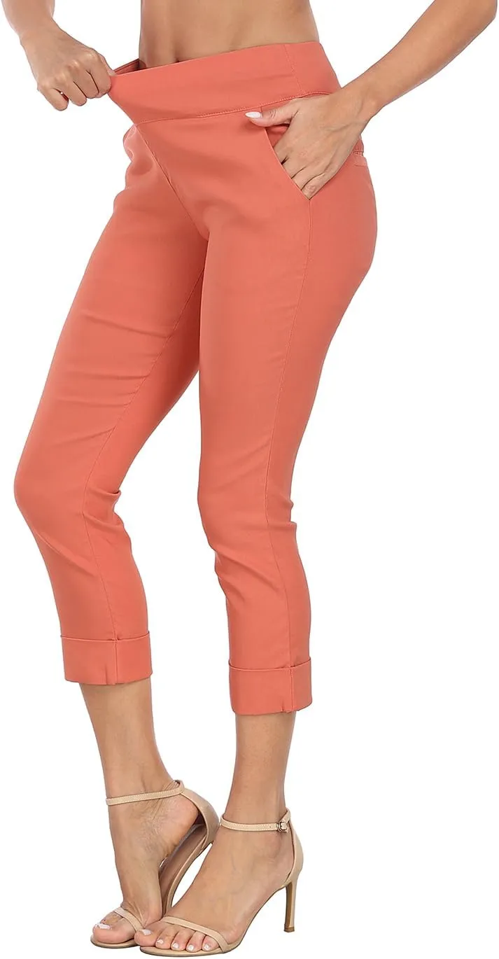 HDE Pull On Capri Pants for Women with Pockets Elastic Waist Cropped Work Pants