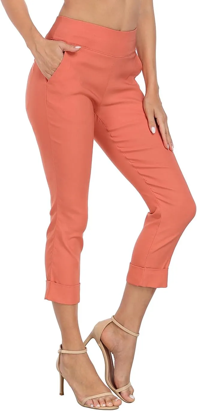 HDE Pull On Capri Pants for Women with Pockets Elastic Waist Cropped Work Pants