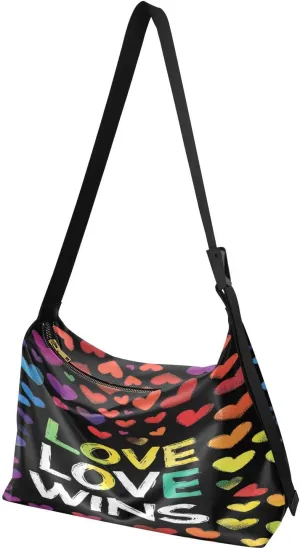 Hearts Love Wins Black Hobo Shoulder Bag for Women Men PU Leather Crossbody Bag Slouchy Tote Handbags for Traveling Shopping Working