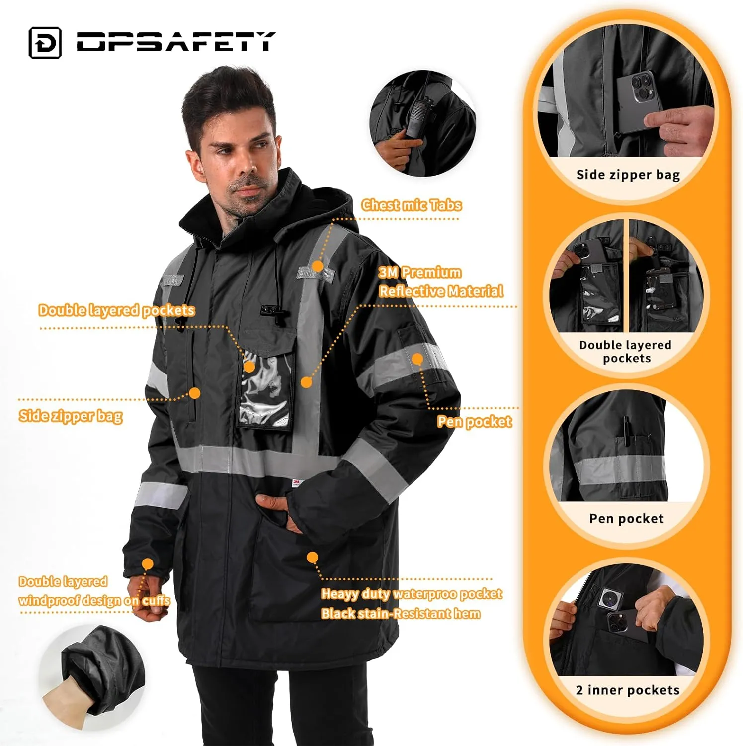 Heated Jacket for Men,3M Reflective safety Heated Parka,Waterproof CLASS 3 Hi-Vis jacket,High Visibility Work Coat