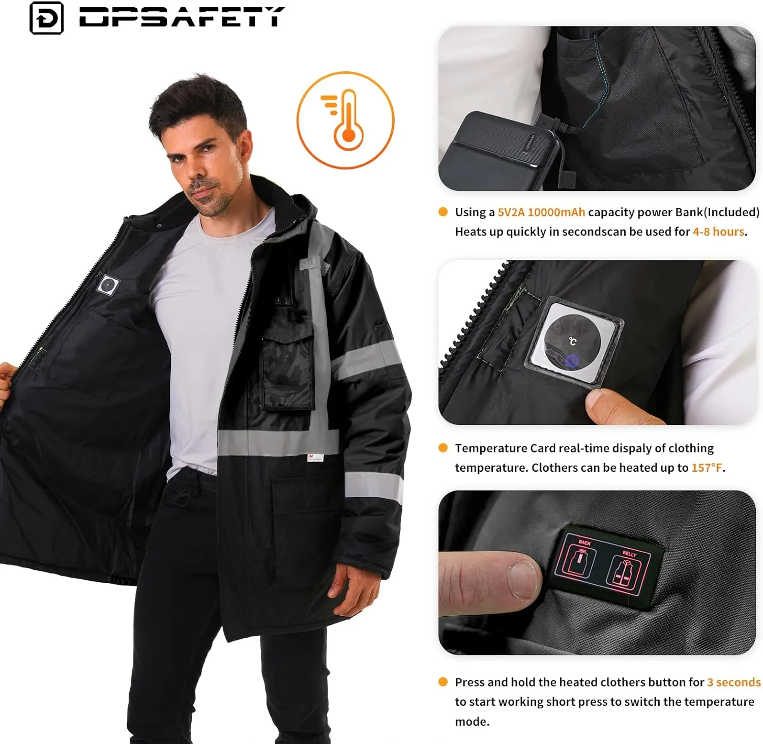 Heated Jacket for Men,3M Reflective safety Heated Parka,Waterproof CLASS 3 Hi-Vis jacket,High Visibility Work Coat