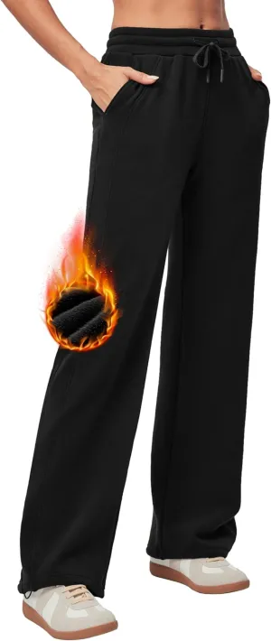Heathyoga Fleece Lined Wide Leg Sweatpants Women Baggy High Waisted Flare Sweat Pants for Women Joggers with Pockets