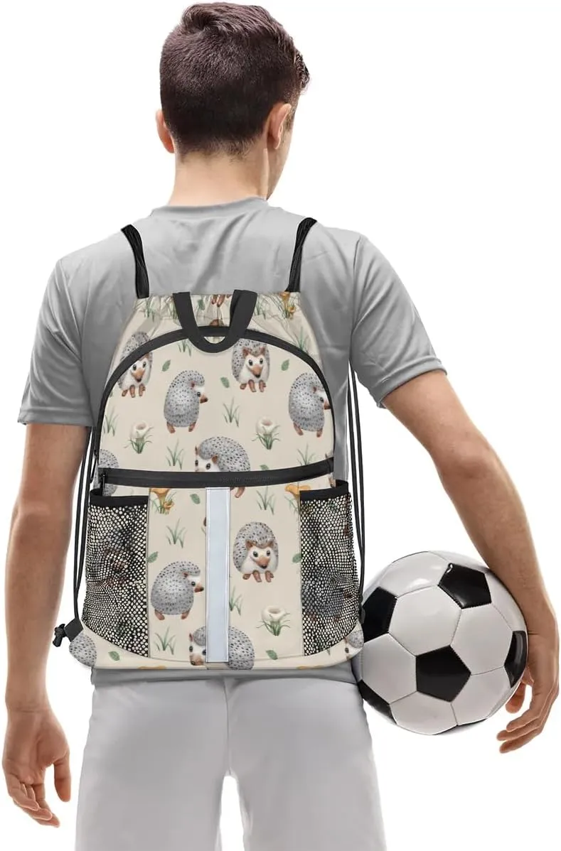 Hedgehogs Drawstring Backpack Sports Gym Bag for Men Women Draw String Polyester Sackpack Reflective String Bags Cinch Bag with Zipper Pockets and Mesh Pockets