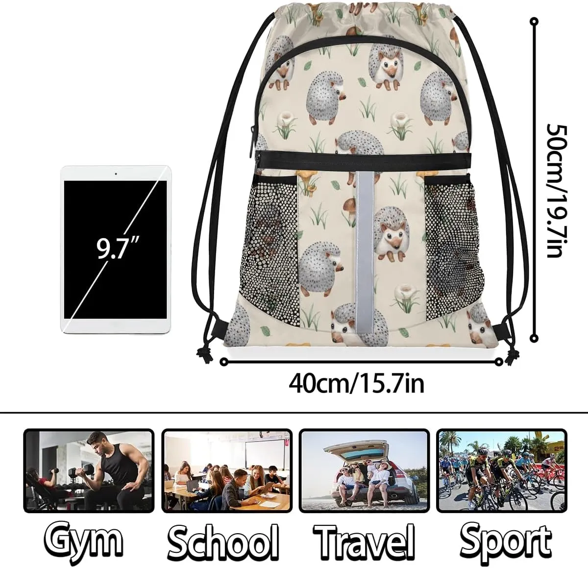 Hedgehogs Drawstring Backpack Sports Gym Bag for Men Women Draw String Polyester Sackpack Reflective String Bags Cinch Bag with Zipper Pockets and Mesh Pockets