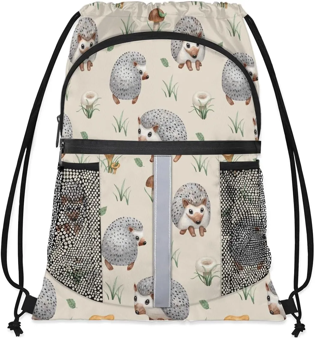 Hedgehogs Drawstring Backpack Sports Gym Bag for Men Women Draw String Polyester Sackpack Reflective String Bags Cinch Bag with Zipper Pockets and Mesh Pockets