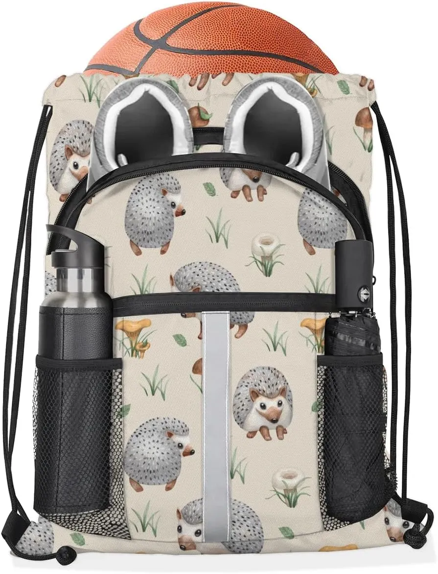 Hedgehogs Drawstring Backpack Sports Gym Bag for Men Women Draw String Polyester Sackpack Reflective String Bags Cinch Bag with Zipper Pockets and Mesh Pockets