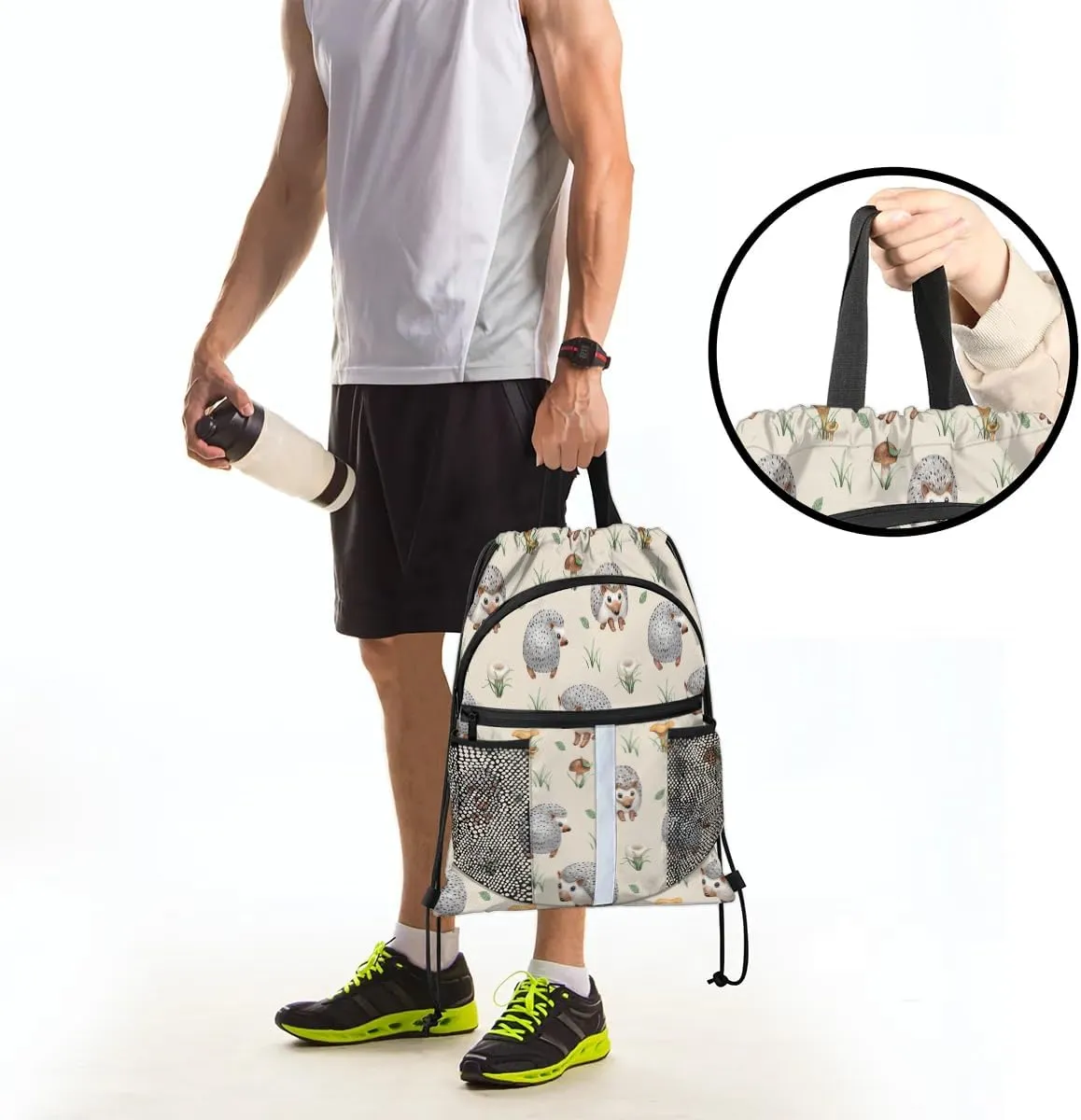 Hedgehogs Drawstring Backpack Sports Gym Bag for Men Women Draw String Polyester Sackpack Reflective String Bags Cinch Bag with Zipper Pockets and Mesh Pockets