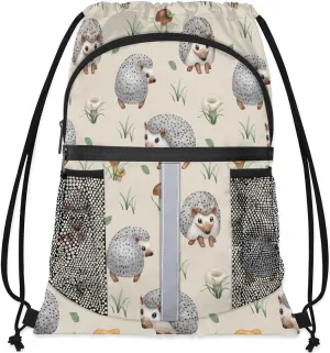Hedgehogs Drawstring Backpack Sports Gym Bag for Men Women Draw String Polyester Sackpack Reflective String Bags Cinch Bag with Zipper Pockets and Mesh Pockets