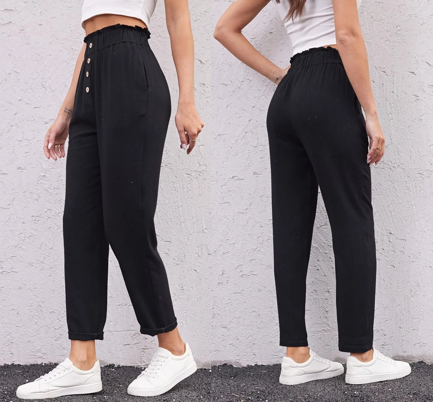 heipeiwa Women's Cotton Linen Casual Cropped Work Pants Summer Paper Bag Dressy Tapered Pants