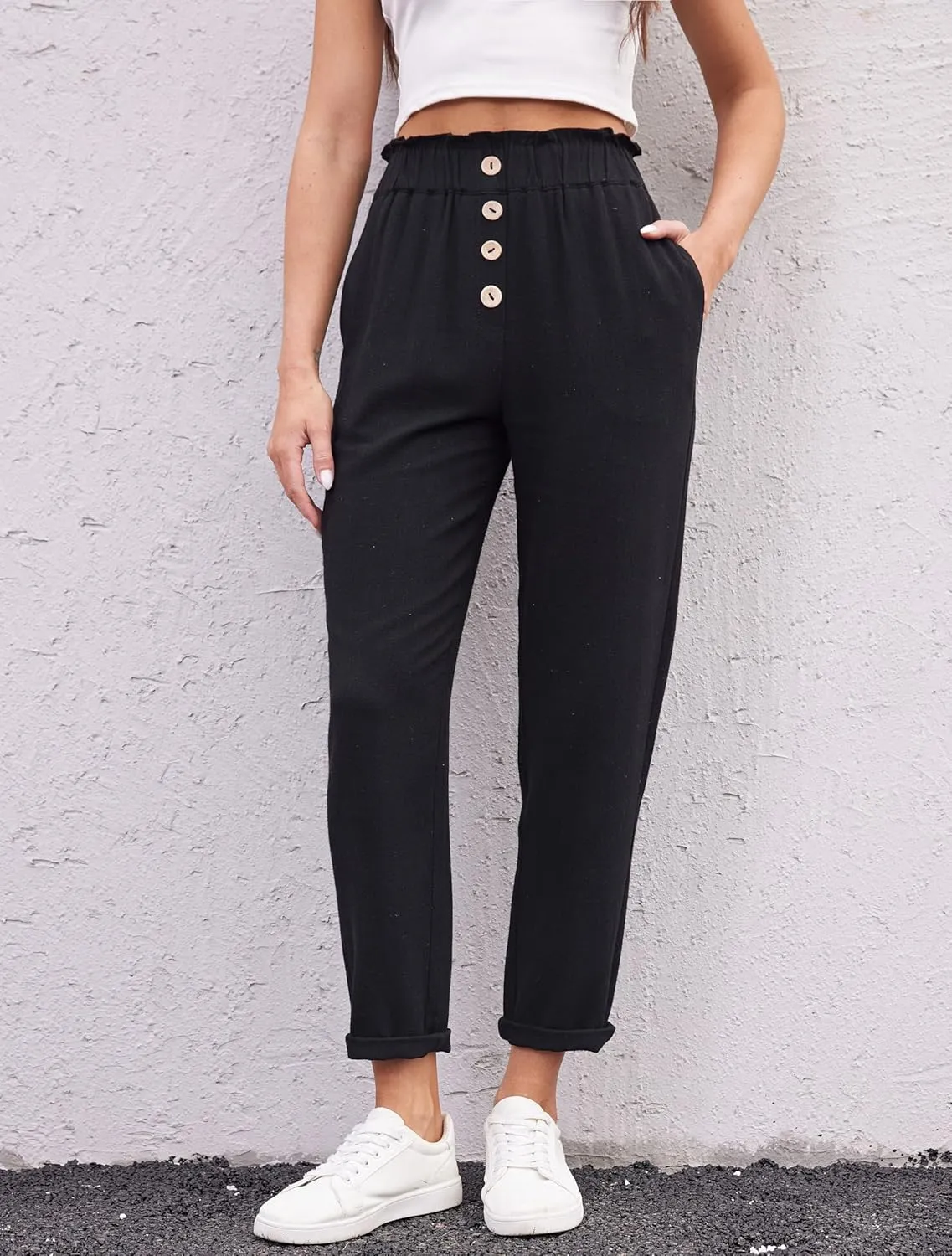 heipeiwa Women's Cotton Linen Casual Cropped Work Pants Summer Paper Bag Dressy Tapered Pants