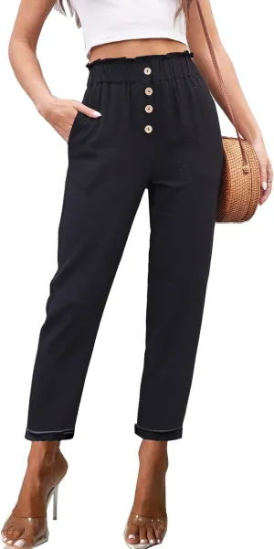 heipeiwa Women's Cotton Linen Casual Cropped Work Pants Summer Paper Bag Dressy Tapered Pants