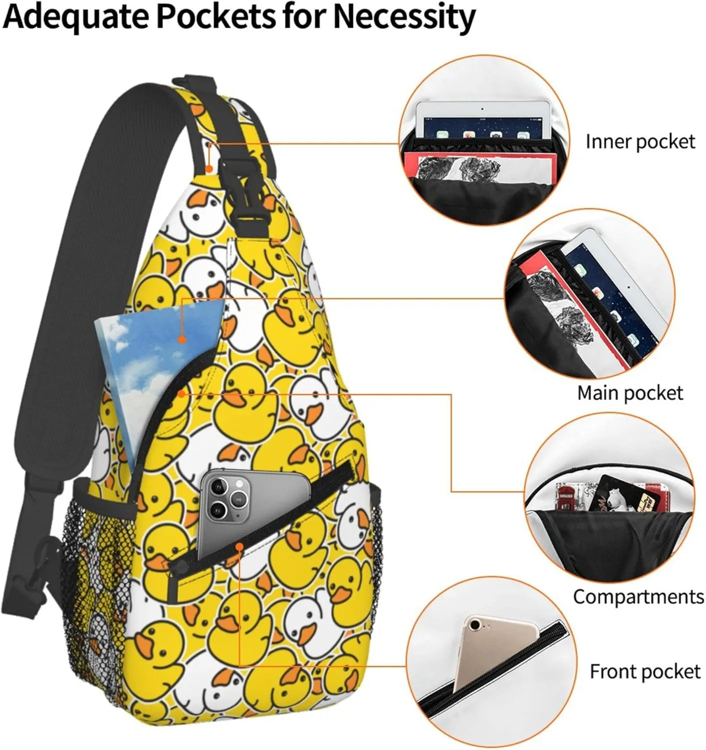 Hello Duck Cute Cartoon Sling Backpack Crossbody Bag, Chest Bag Daypack for Outdoors Hiking Traveling