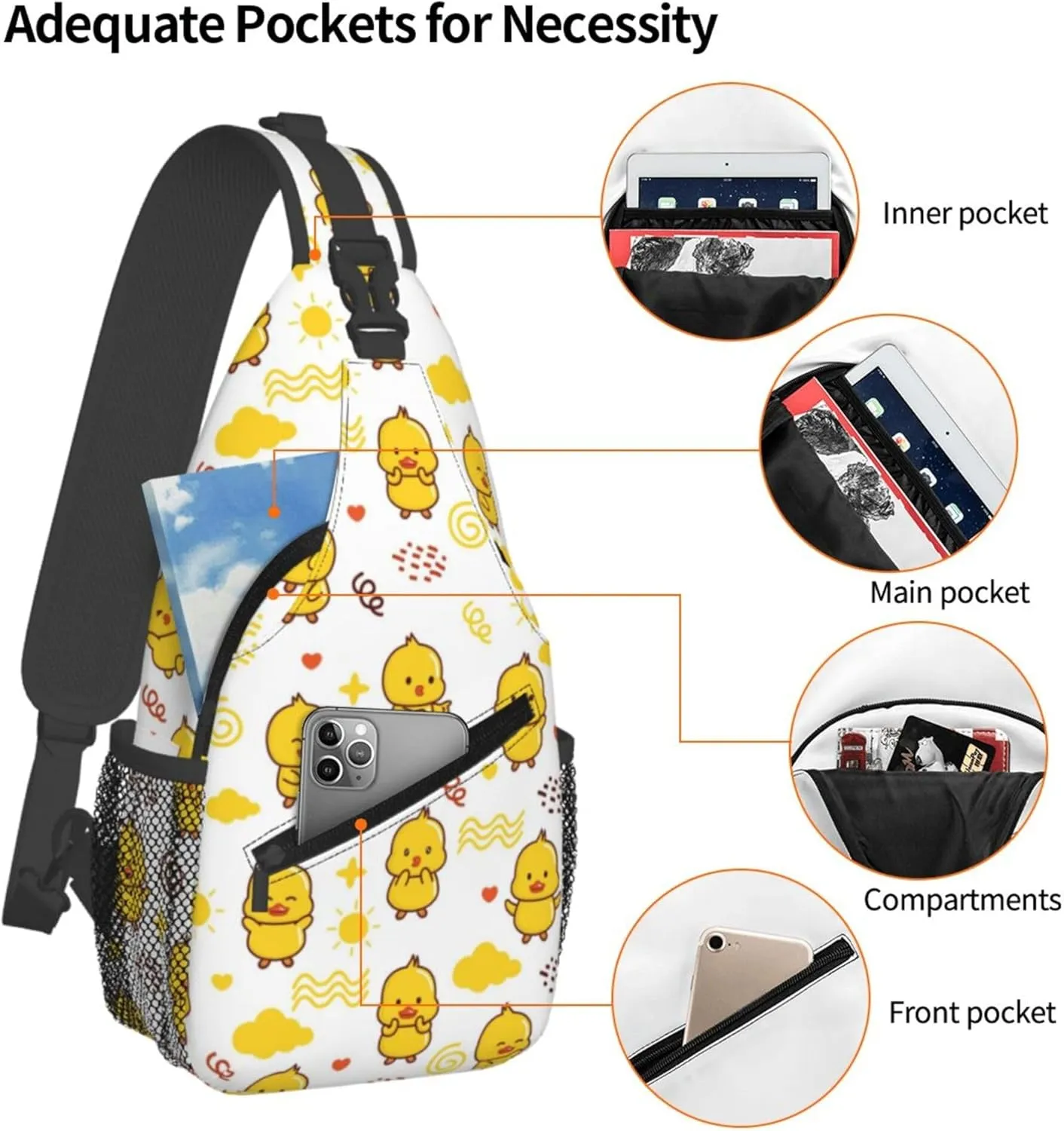 Hello Duck Cute Sling Backpack Crossbody Bag, Chest Bag Daypack for Outdoors Hiking Traveling
