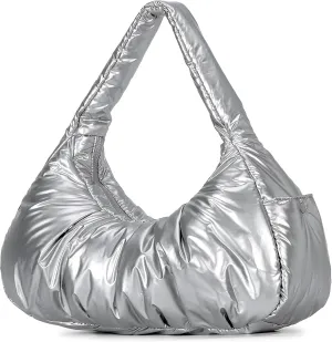 Herald Ruched Puffer Shoulder Bag for Women, Nylon Lightweight Puffy Cloud Crescent Carryall Hobo Handbag Soft Purse