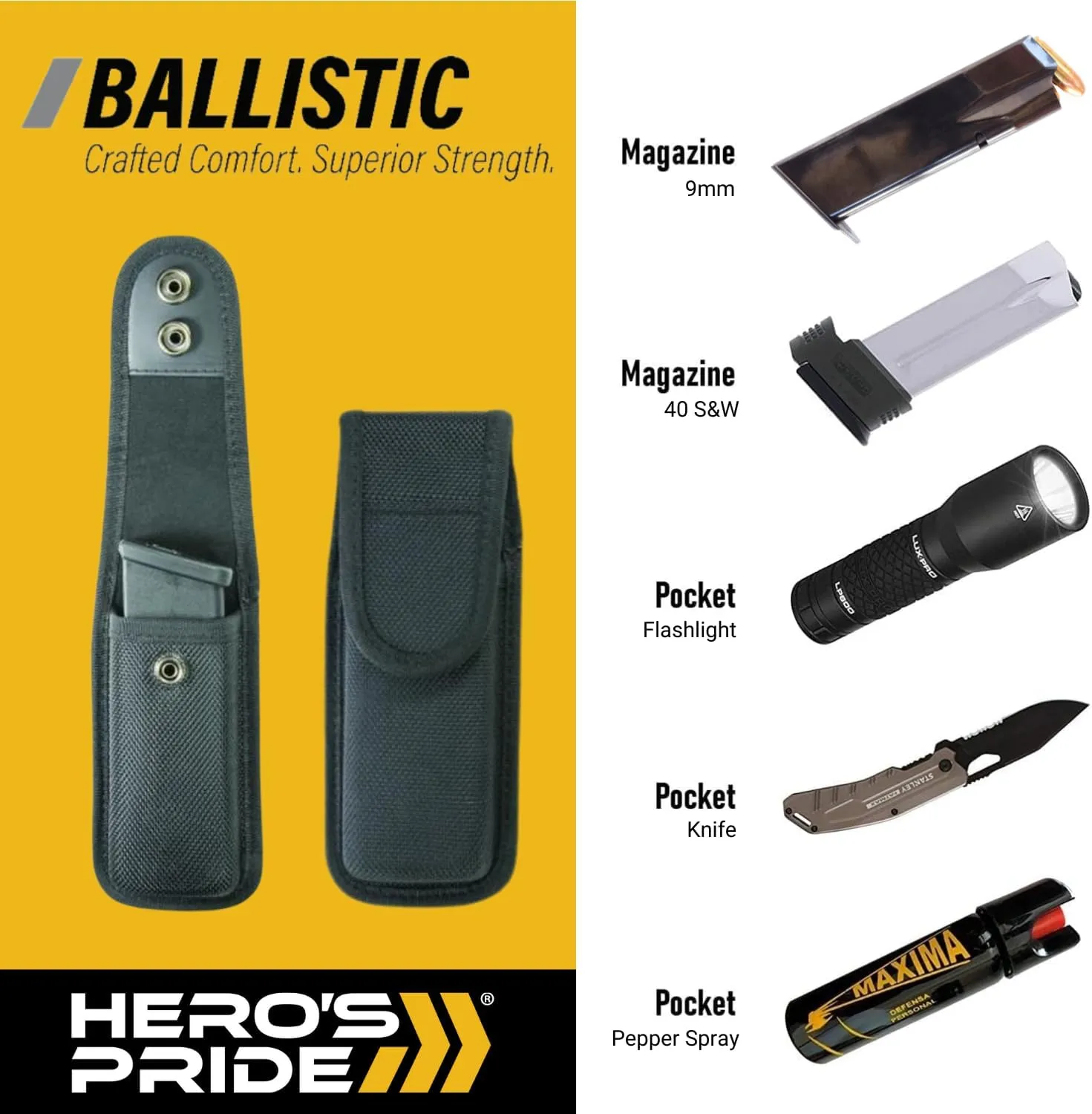 Hero's Pride Ballistic Closed Single/Double Magazine Case, Nylon Magazine Pouch for Duty Belt, Compatible with Most .380, 9mm & 40 Cal for Glock, S&W M&P, Sigma Pistols