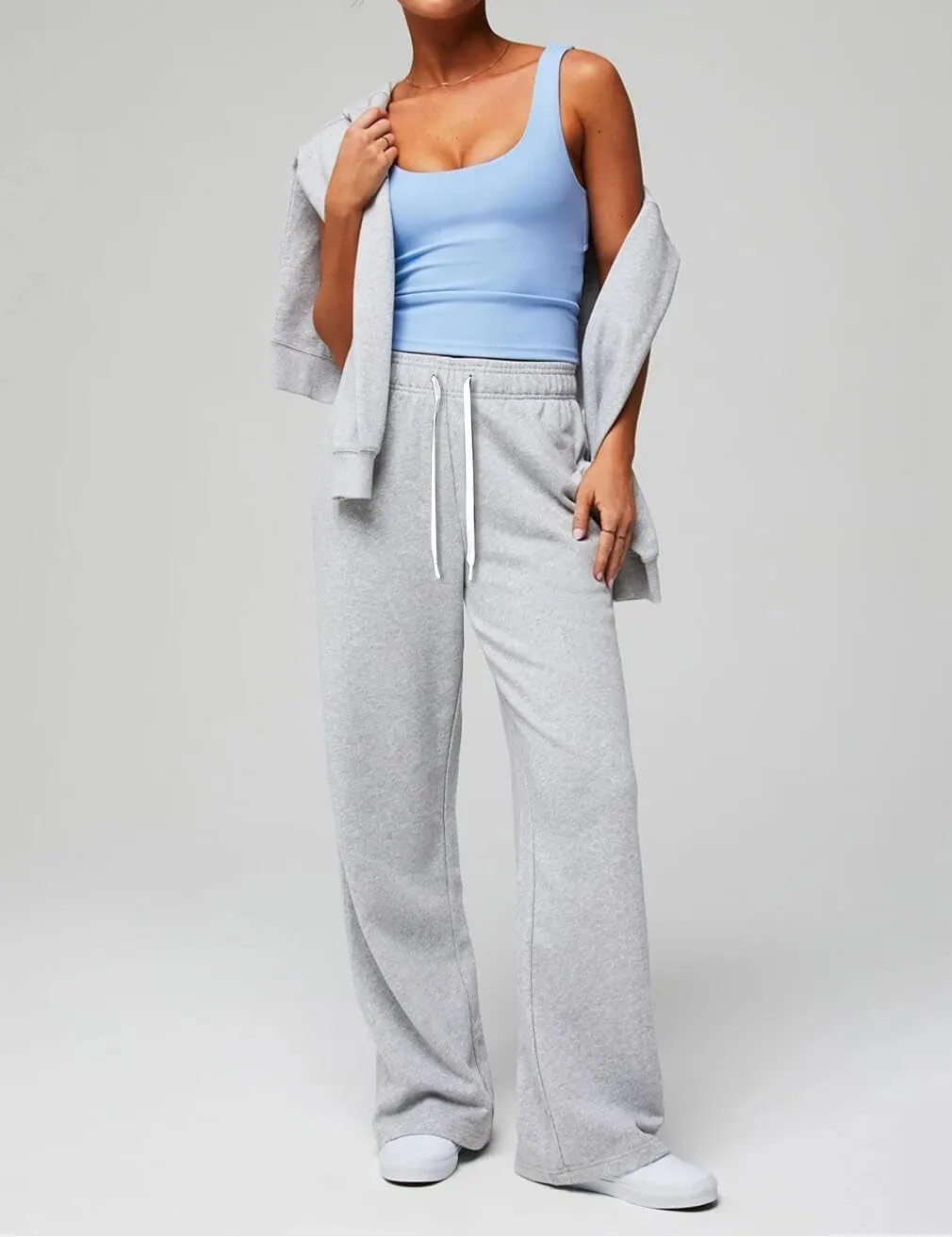 HeSaYep Women's Wide Leg Sweatpants Elastic High Waist Loose Sweat Pants Straight Leg Drawstring Trousers with Pockets