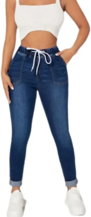 High Waisted High Waisted Elastic Waist Jean Joggers for Women Stretch Loose Denim Pants with Drawstring