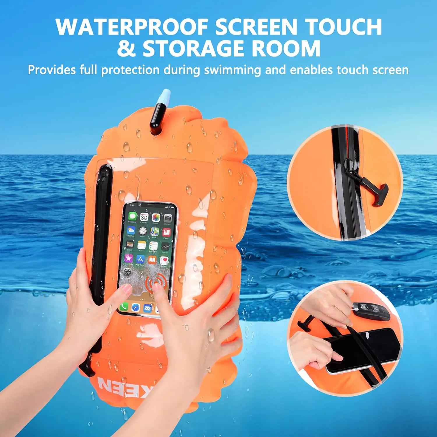 Hikeen Swim Buoy -Waterproof Touchscreen Storage Space, Swim Buoy w/Adjustable Waist Belt for Open Water Swimmers -Be Bright Be Safer